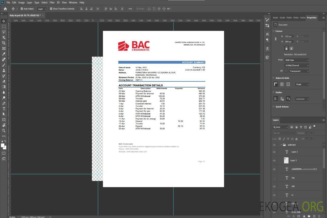 Relevé bancaire Nicaragua BAC Credomatic template